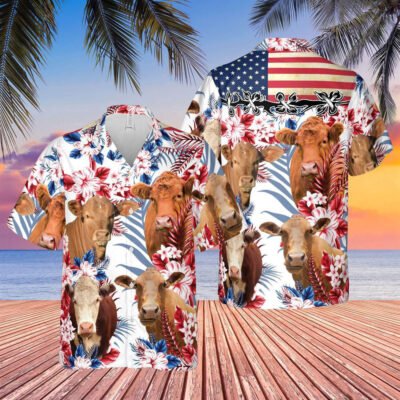 Hawaiian Cow Shirt, Cow American Flag All Over Printed 3D Hawaiian Shirt, Animal Hawaiian Shirt, Farmer Short Sleeve Shirt