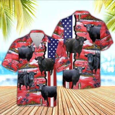 Hawaiian Cow Shirt, Dexter American Flag Farming 3D Hawaiian Shirt, Animal Hawaiian Shirt, Farmer Short Sleeve Shirt