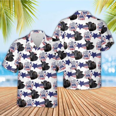 Hawaiian Cow Shirt, Dexter American Flag Pattern Hawaiian Shirt, Animal Hawaiian Shirt, Farmer Short Sleeve Shirt