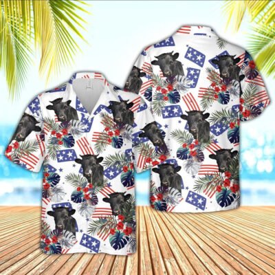 Hawaiian Cow Shirt, Dexter American Little Flowers And Flag Pattern Hawaiian Shirt, Animal Hawaiian Shirt, Farmer Short Sleeve Shirt