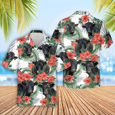 Hawaiian Cow Shirt, Dexter Cattle Hibucis Flower Pattern 3D Hawaiian Shirt, Animal Hawaiian Shirt, Farmer Short Sleeve Shirt