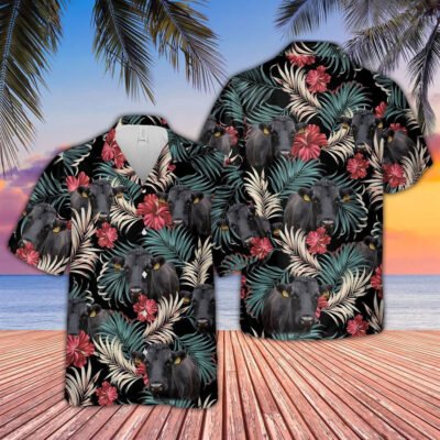 Hawaiian Cow Shirt, Dexter Dark Red Flowers Pattern Hawaiian Shirt, Animal Hawaiian Shirt, Farmer Short Sleeve Shirt