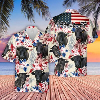 Hawaiian Cow Shirt, Dexter Pattern Us Flag Hawaiian Shirt, Animal Hawaiian Shirt, Farmer Short Sleeve Shirt