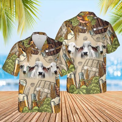 Hawaiian Cow Shirt, Funny Brahman Cattle Beer Pattern Hawaiian Shirt, Animal Hawaiian Shirt, Farmer Short Sleeve Shirt