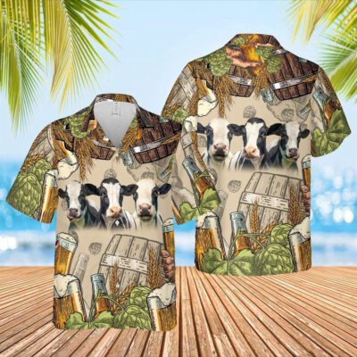 Hawaiian Cow Shirt, Funny Holstein Cattle Beer Pattern Hawaiian Shirt, Animal Hawaiian Shirt, Farmer Short Sleeve Shirt
