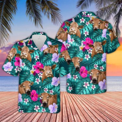 Hawaiian Cow Shirt, Gelbvieh Cattle Tropical Style 3D Hawaiian Shirt, Animal Hawaiian Shirt, Farmer Short Sleeve Shirt