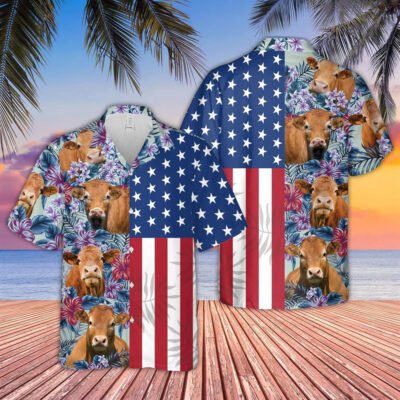 Hawaiian Cow Shirt, Gelbvieh Flower Pattern American 3D Hawaiian Shirt, Animal Hawaiian Shirts, Farmer Shirts