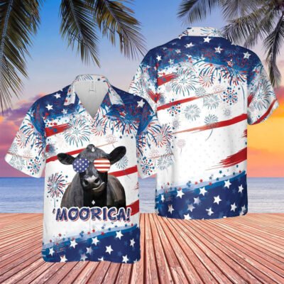 Hawaiian Cow Shirt, Happy Independence Day Black Angus All Over Printed 3D Hawaiian Shirt, Animal Hawaiian Shirt, Farmer Short Sleeve Shirt