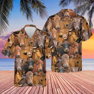 Hawaiian Cow Shirt, Herd Of Gelbvieh All Over Printed 3D Hawaiian Shirt, Animal Hawaiian Shirt, Farmer Short Sleeve Shirt
