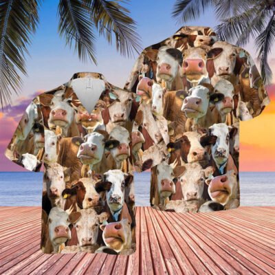 Hawaiian Cow Shirt, Herd Of Hereford All Over Printed 3D Hawaiian Shirt, Animal Hawaiian Shirt, Farmer Short Sleeve Shirt