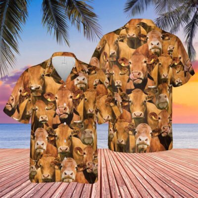 Hawaiian Cow Shirt, Herd Of Limousin All Over Printed 3D Hawaiian Shirt, Animal Hawaiian Shirt, Farmer Short Sleeve Shirt