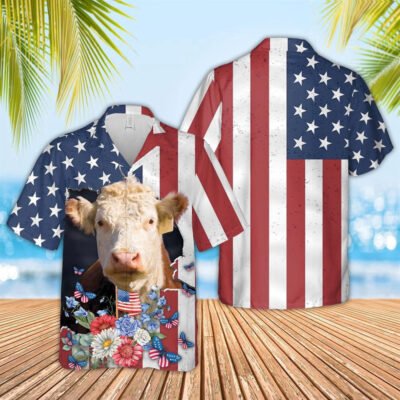 Hawaiian Cow Shirt, Hereford 4Th Of July 3D Hawaiian Shirt, Animal Hawaiian Shirt, Farmer Short Sleeve Shirt