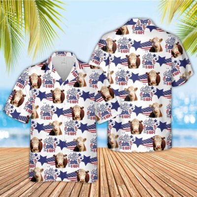 Hawaiian Cow Shirt, Hereford American Flag Pattern Hawaiian Shirt, Animal Hawaiian Shirt, Farmer Short Sleeve Shirt