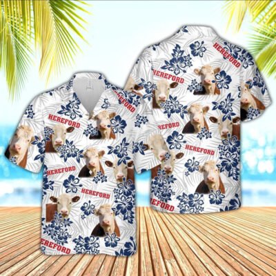 Hawaiian Cow Shirt, Hereford American White Flowers Pattern Hawaiian Shirt, Animal Hawaiian Shirt, Farmer Short Sleeve Shirt