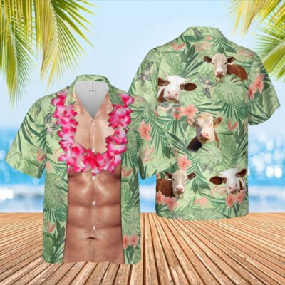 Hawaiian Cow Shirt, Hereford Cattle Funny 6-Pack Body Hawaiian Shirt, Animal Hawaiian Shirt, Farmer Short Sleeve Shirt