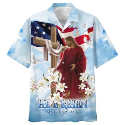 He Is Risen Jesus Cross With Lilies Christian Faith Easter Day Hawaiian Shirt For Men, Christian Hawaiian Shirt, Gift For Christian Short Sleeve Shirt