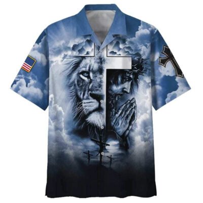 Jesus And Cross Lion Pray Christian Faith Blue Sky Hawaiian Shirt For Men, Christian Hawaiian Shirt, Gift For Christian Short Sleeve Shirt