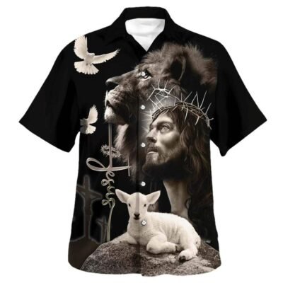 Jesus And Lion And Sheep Hawaiian Shirt For Men, Christian Hawaiian Shirt, Gift For Christian