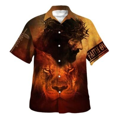 Jesus And Lion Christian Faith Over Fear Hawaiian Shirt For Men, Christian Hawaiian Shirt, Gift For Christian