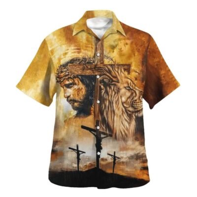 Jesus And Lion Christian With Cross Hawaiian Shirt For Men, Christian Hawaiian Shirt, Gift For Christian