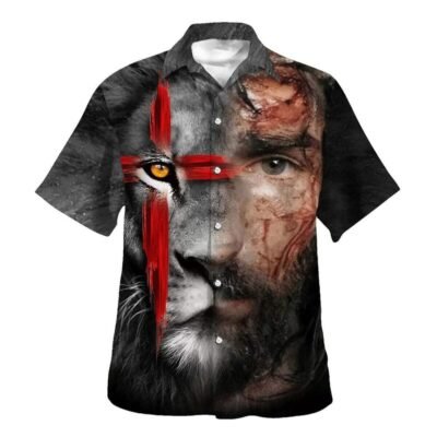 Jesus And Lion King Christian Cross Hawaiian Shirt For Men, Christian Hawaiian Shirt, Gift For Christian
