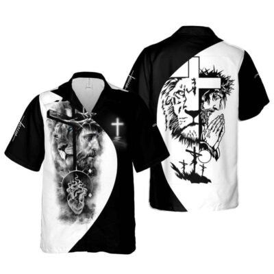 Jesus Cross Lion Religious Christian Faith Black And White Hawaiian Shirt For Men, Christian Hawaiian Shirt, Gift For Christian