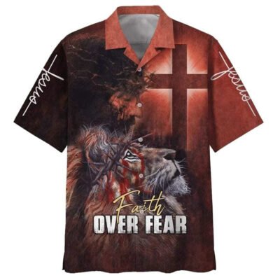 Jesus Faith Over Fear Lion Cross Christian Faith US Flag Hawaiian Shirt For Men, Christian Hawaiian Shirt, Gift For Christian Short Sleeve Shirt