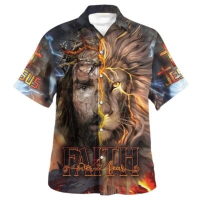 Jesus Praying Lion Christian Cross Faith Over Fear Hawaiian Shirt For Men, Christian Hawaiian Shirt, Gift For Christian