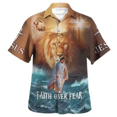 Jesus Walk On Water Faith Over Fear Hawaiian Shirt For Men, Christian Hawaiian Shirt, Gift For Christian