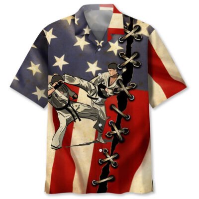 Karate America Flag Hawaiian Shirt, Funny Hawaiian Shirt, Usa Hawaiian Shirt, Vintage Hawaiian Shirts