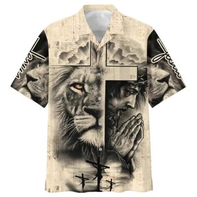 Lion And Jesus Christian Faith Cross Religious Hawaiian Shirt For Men, Christian Hawaiian Shirt, Gift For Christian