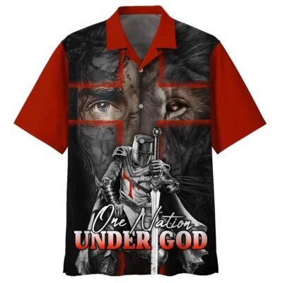 Lion And Warrior One Nation Under God Christian Faith Knight Template Hawaiian Shirt For Men, Christian Hawaiian Shirt, Gift For Christian Short Sleeve Shirt