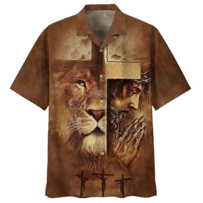 Lion Jesus Pray Cross Christian Faith Religious Hawaiian Shirt For Men, Christian Hawaiian Shirt, Gift For Christian
