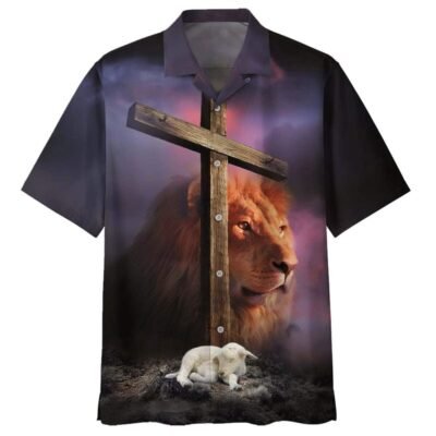 Lion Sheep Wooden Cross Hawaiian Shirt For Men, Christian Hawaiian Shirt, Gift For Christian Short Sleeve Shirt