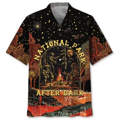 National Park After Dark Bigfoot Alien Bear Hawaiian Shirt, Funny Hawaiian Shirt, Cool Hawaiian Shirts, Best Hawaiian Shirts