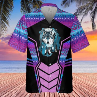 Native American Hawaiian Shirt, King Of The Hunt Hawaiian Shirt, Wolf Native Hawaiian Short Sleeve Shirt