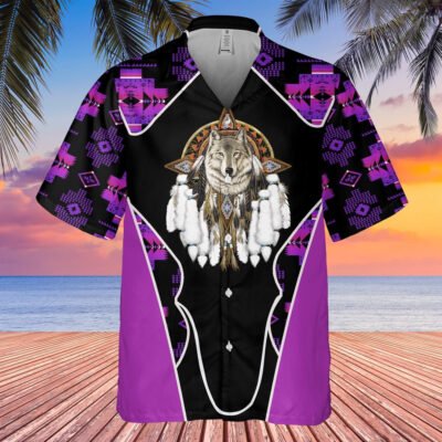 Native American Hawaiian Shirt, Standout Wolf Graphic Hawaiian Shirt, Wolf Native Hawaiian Short Sleeve Shirt