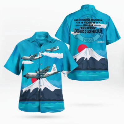 Navy Hawaiian Shirt, Us Navy Lockheed C-130F Hercules Of Vrc-50 Foo Dogs Hawaiian Shirt, Navy Shirts Mens