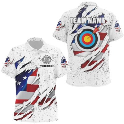 Personalized White Grunge US Flag Target Archery Polo Shirts, Custom Archery Team Shirts, Archery Team Shirts, Custom Archery Shirts