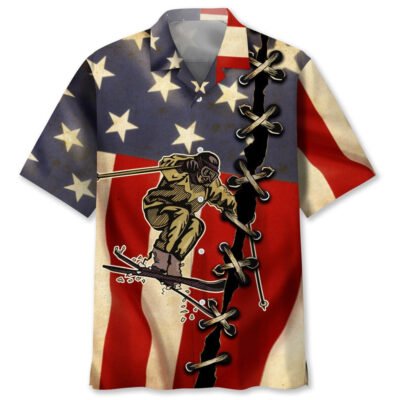 Skiing America Flag Hawaiian Shirt, Funny Hawaiian Shirt, Usa Hawaiian Shirt, Vintage Hawaiian Shirts