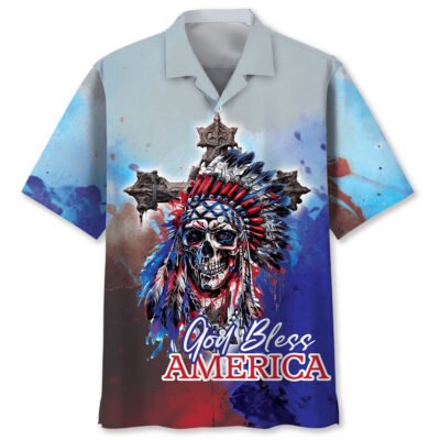 Skull God Bless America Hawaiian Shirt, Funny Hawaiian Shirt, Usa Hawaiian Shirt, Vintage Hawaiian Shirts
