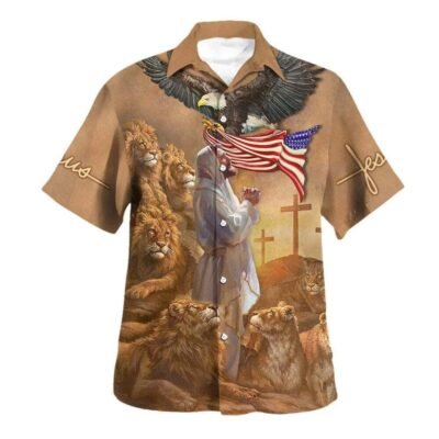 US Flag Jesus Pray Lion Cross Christian Hawaiian Shirt For Men, Christian Hawaiian Shirt, Gift For Christian