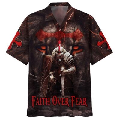 Warrior Of Christ Lion Cross Faith Over Fear Christian Knight Hawaiian Shirt For Men, Christian Hawaiian Shirt, Gift For Christian